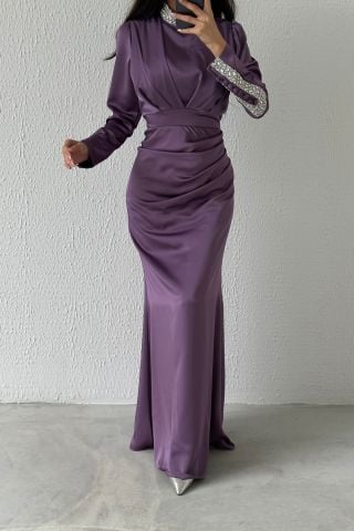 Moder Tasarım Kolu Ve Yakası Taş Detaylı Saten Tesettür Abiye Lila