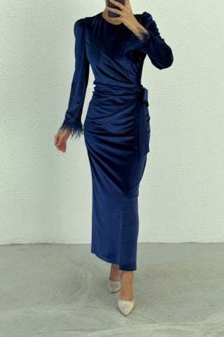 Pencil Velvet Hijab Evening Dress with Feather Sleeves, Embellished with Elegant Touches, Navy Blue