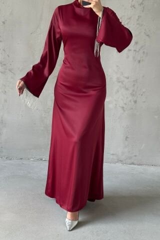 Saten İncisi: Volan Kol Zincir Detaylı Tesettür Abiye Mürdüm