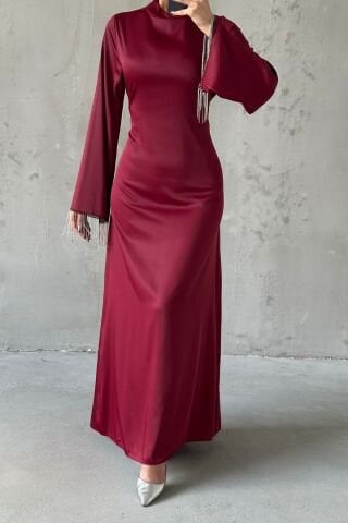 Saten İncisi: Volan Kol Zincir Detaylı Tesettür Abiye Mürdüm