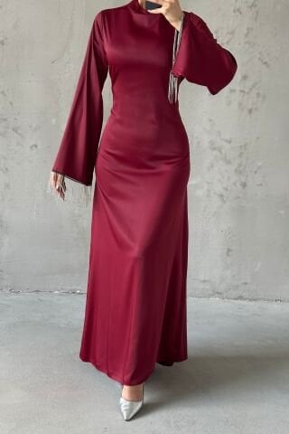 Saten İncisi: Volan Kol Zincir Detaylı Tesettür Abiye Mürdüm