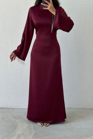 Satin Pearl: Flounce Sleeve Chain Detailed Hijab Evening Dress Plum