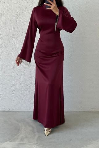 Satin Pearl: Flounce Sleeve Chain Detailed Hijab Evening Dress Plum