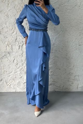 Satin Hijab Evening Dress with Bead Detail at the Waist, Light Indigo