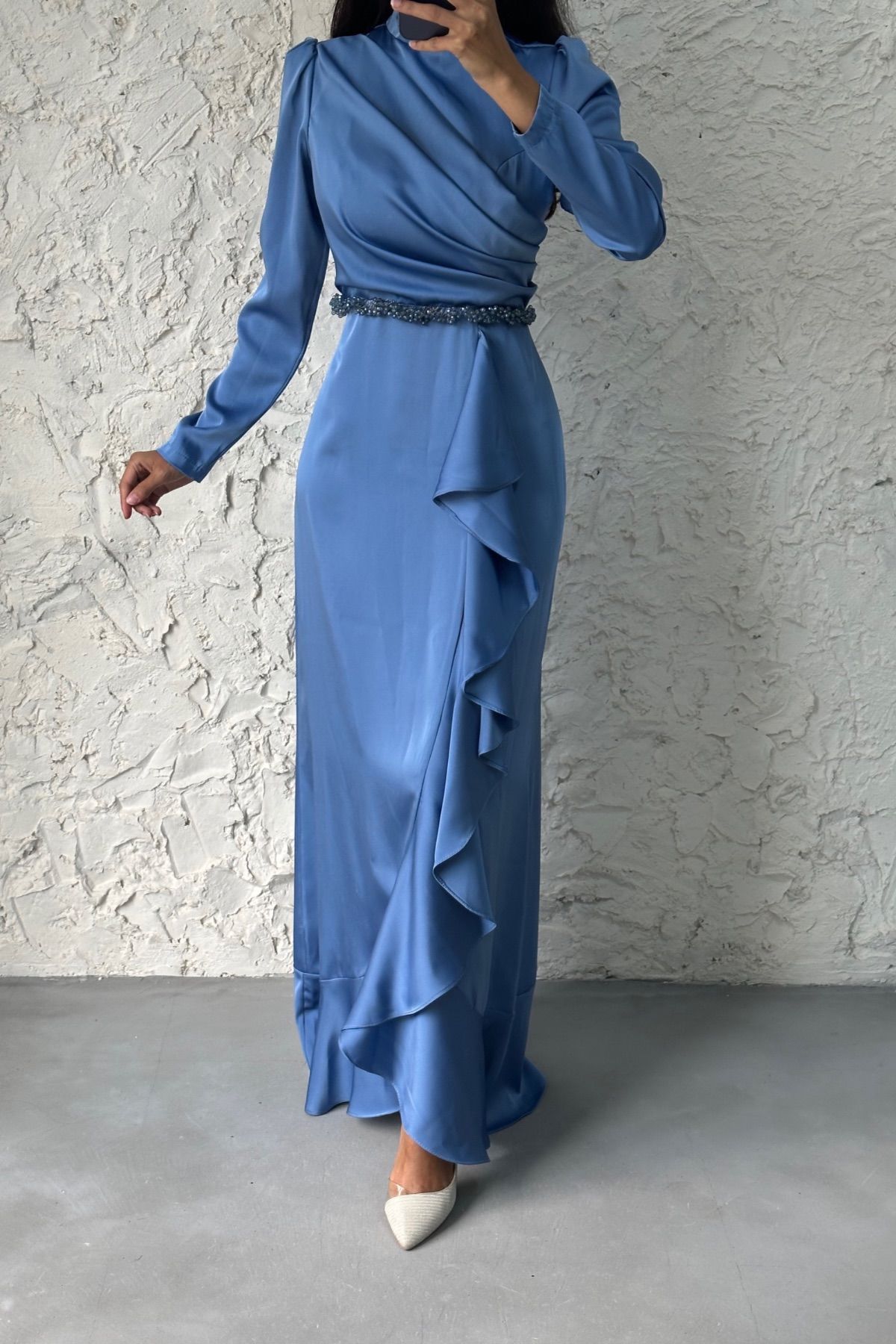 Satin Hijab Evening Dress with Bead Detail at the Waist, Light Indigo
