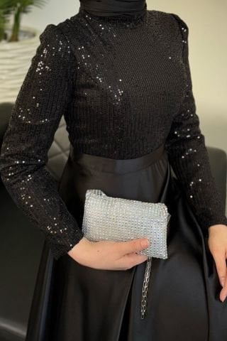 Işıltılı Pul Payet Saten Tesettür Abiye Siyah