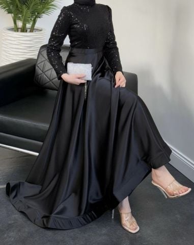 Işıltılı Pul Payet Saten Tesettür Abiye Siyah