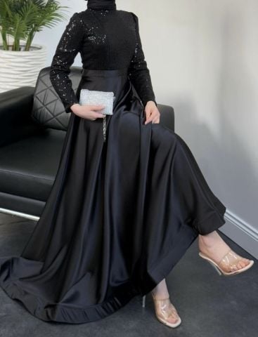 Işıltılı Pul Payet Saten Tesettür Abiye Siyah