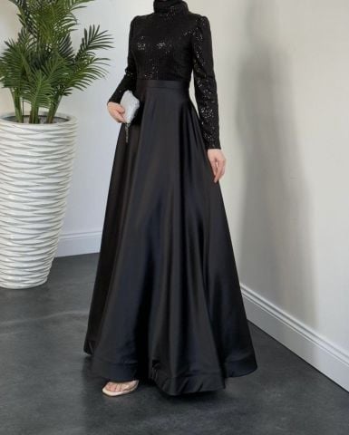 Sparkly Sequin Satin Hijab Evening Dress Black