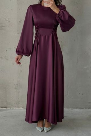 Belden Bağlamalı Balon Kol Saten Tesettür Abiye Mürdüm