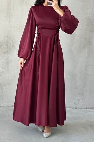 Belden Bağlamalı Balon Kol Saten Tesettür Abiye Mürdüm