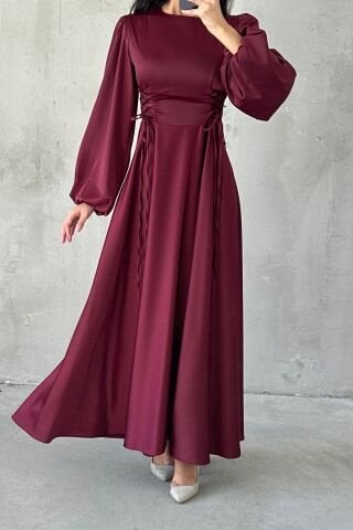 Belden Bağlamalı Balon Kol Saten Tesettür Abiye Mürdüm