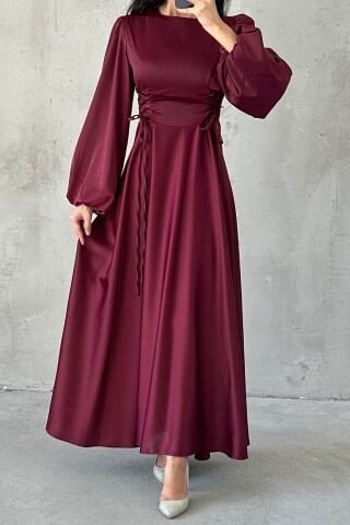 Belden Bağlamalı Balon Kol Saten Tesettür Abiye Mürdüm