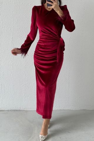 Pencil Velvet Hijab Evening Dress with Feather Sleeves, Embellished with Elegant Touches, Burgundy