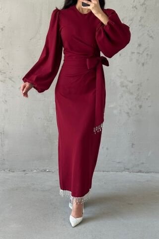 Double Crepe Stylish Design Hijab Evening Dress Claret Red