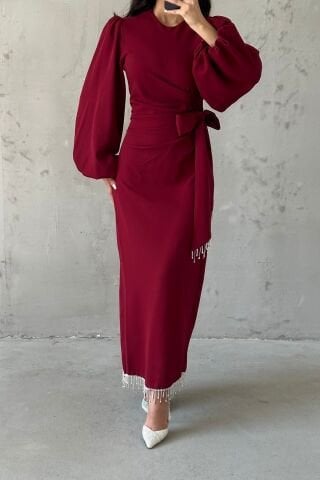 Double Crepe Stylish Design Hijab Evening Dress Claret Red
