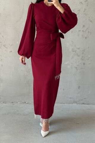 Double Crepe Stylish Design Hijab Evening Dress Claret Red