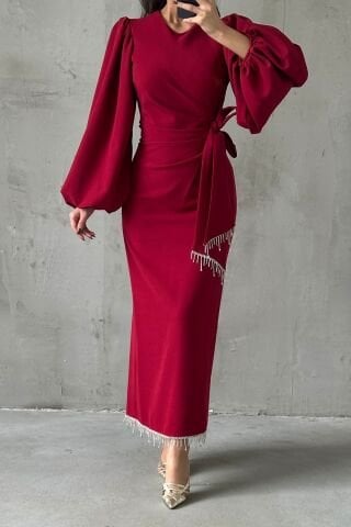 Double Krep Şık Tasarım Tesettür Abiye Bordo