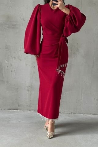 Double Crepe Stylish Design Hijab Evening Dress Claret Red