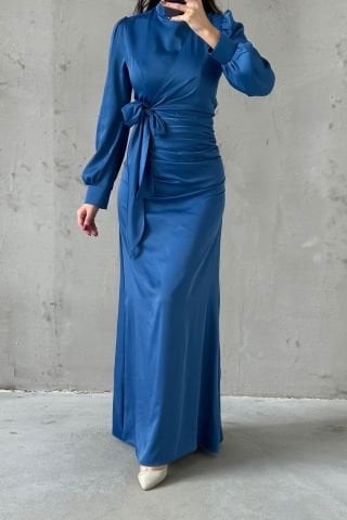 Büzgü Ve Düğüm Detaylı Saten Tesettür Abiye Açık İndigo