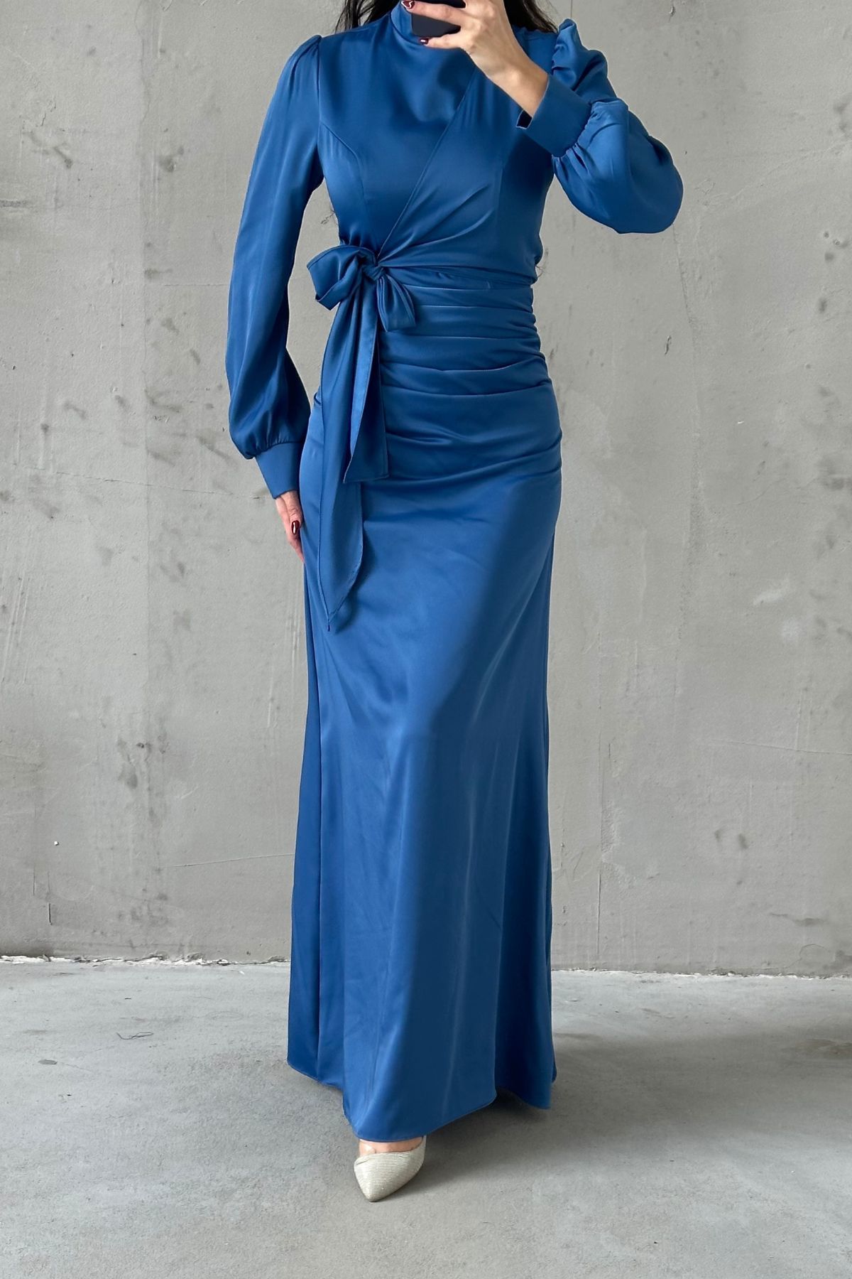 Satin Hijab Evening Dress with Gathering and Knot Detail Light Indigo