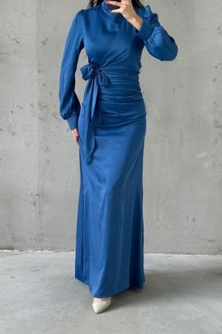 Satin Hijab Evening Dress with Gathering and Knot Detail Light Indigo