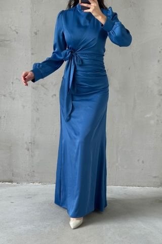 Satin Hijab Evening Dress with Gathering and Knot Detail Light Indigo