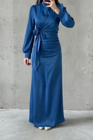 Satin Hijab Evening Dress with Gathering and Knot Detail Light Indigo