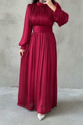 Elegant Pleated Organza Modest Evening Dress Burgundy