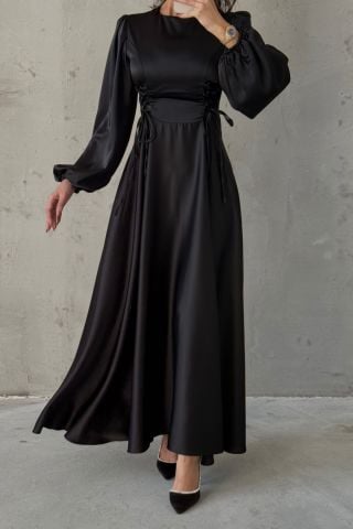 Waist-Tie Balloon Sleeve Satin Hijab Evening Dress Black