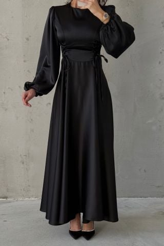 Belden Bağlamalı Balon Kol Saten Tesettür Abiye Siyah
