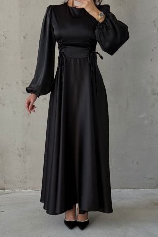 Belden Bağlamalı Balon Kol Saten Tesettür Abiye Siyah