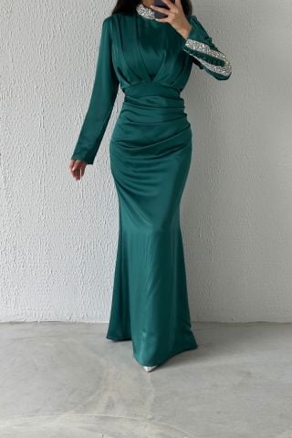 Modern Design Satin Hijab Evening Dress with Stone Detail on Sleeves and Collar, Emerald Green