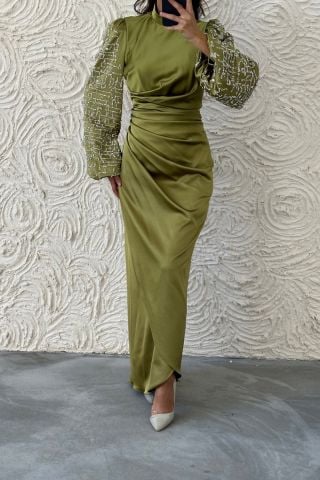 Elegant Stance: Satin Hijab Evening Dress with Gathered Waist Sleeves and Stones, Oil Green