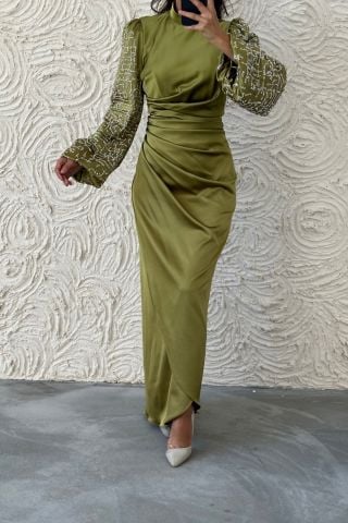 Elegant Stance: Satin Hijab Evening Dress with Gathered Waist Sleeves and Stones, Oil Green