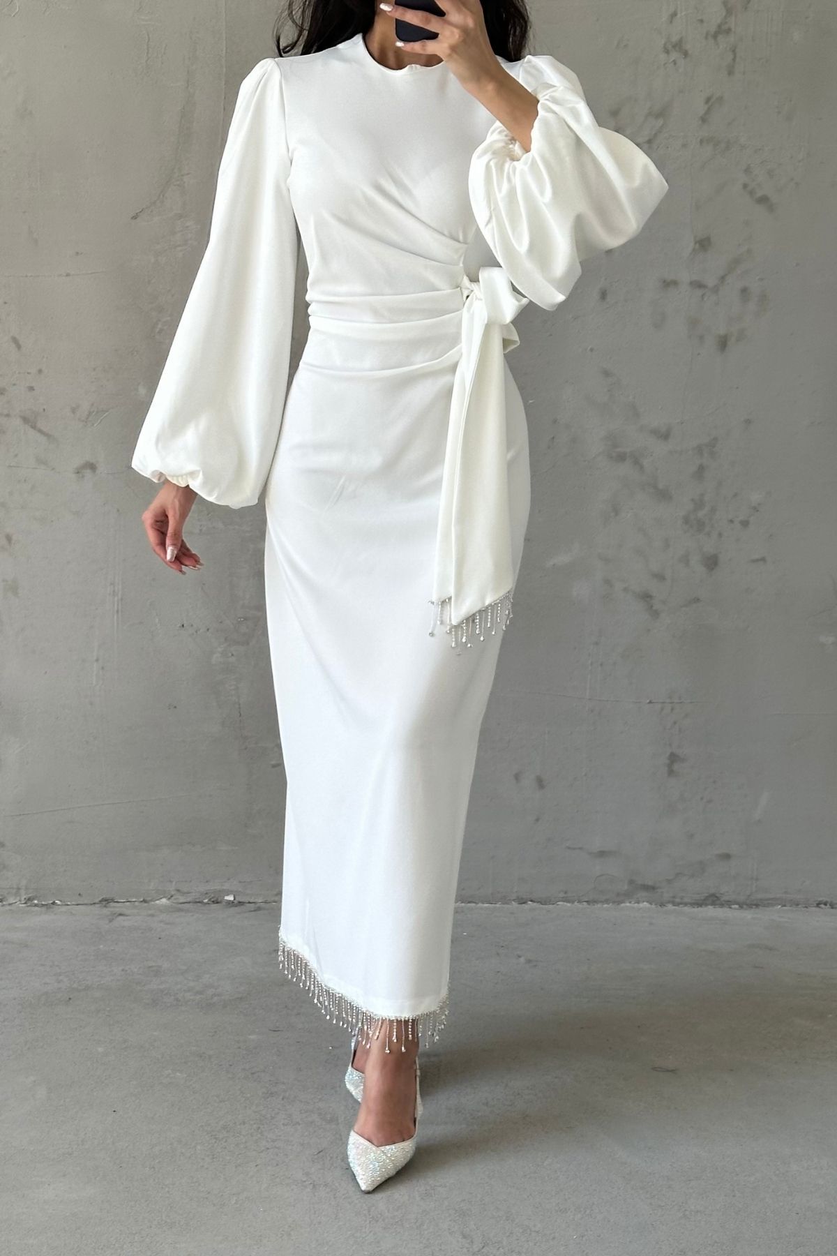 Double Krep Şık Tasarım Tesettür Abiye Ekru