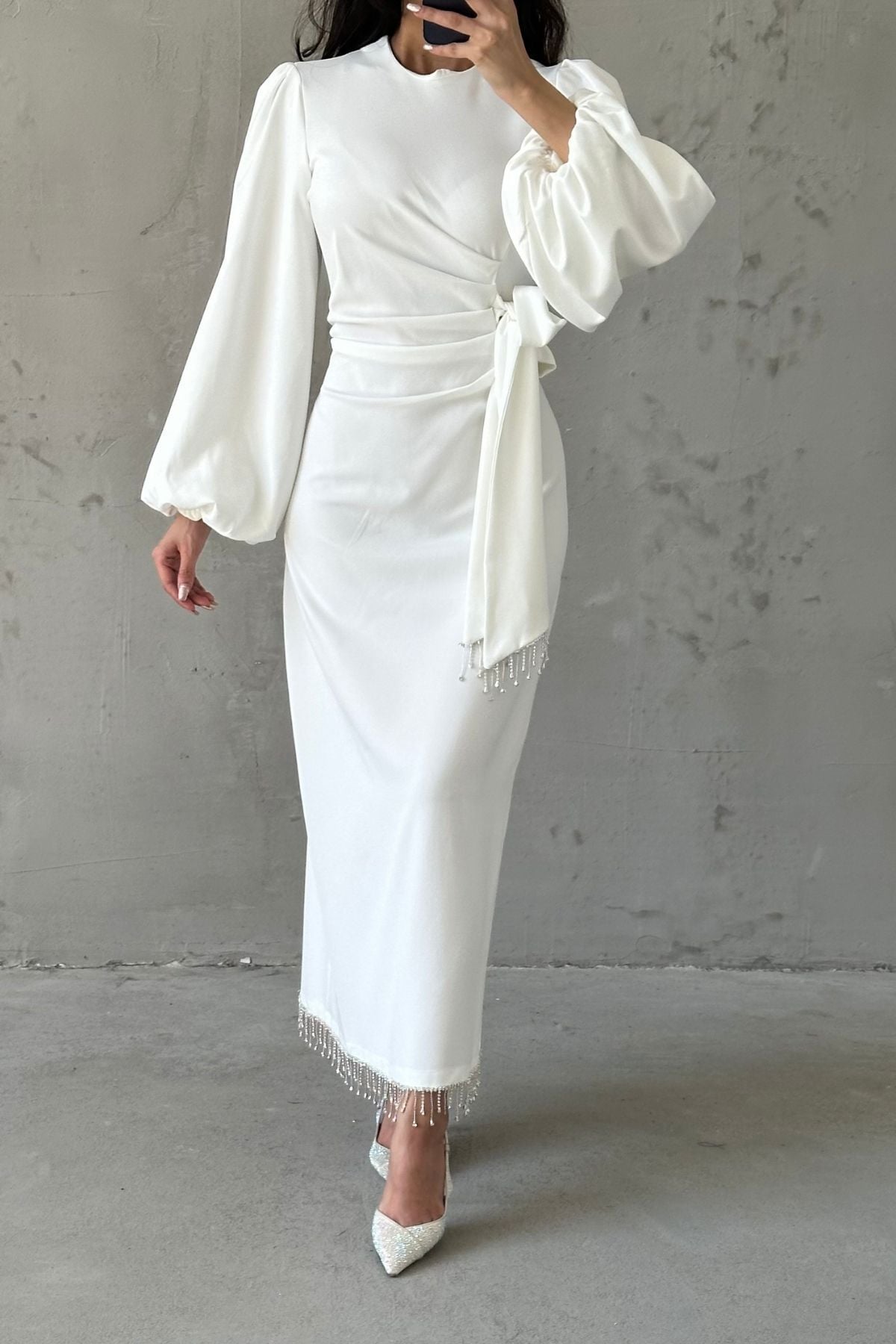 Double Krep Şık Tasarım Tesettür Abiye Ekru