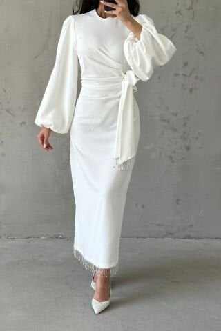 Double Crepe Stylish Design Modest Evening Dress Ecru