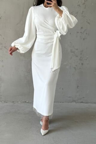 Double Krep Şık Tasarım Tesettür Abiye Ekru