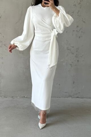 Double Krep Şık Tasarım Tesettür Abiye Ekru