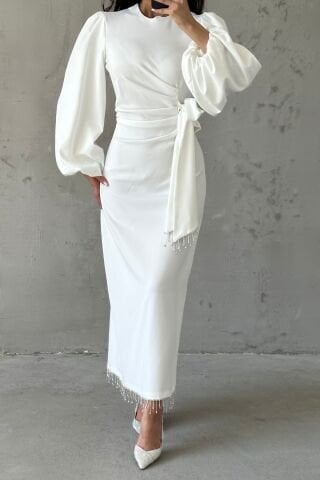 Double Krep Şık Tasarım Tesettür Abiye Ekru