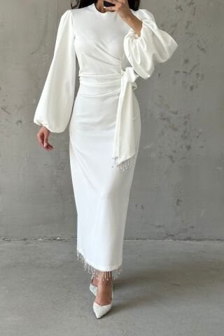 Double Krep Şık Tasarım Tesettür Abiye Ekru