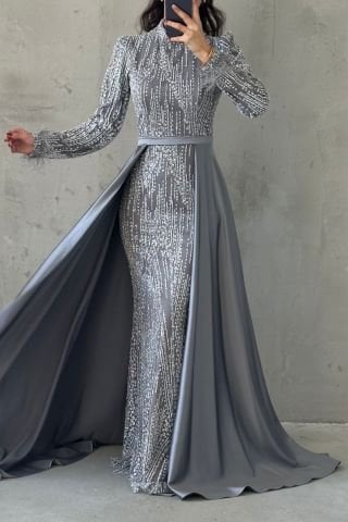 Sparkly Hijab Evening Dress with Feather Detailed Cape Gray