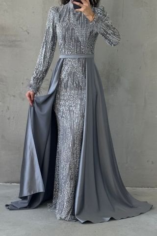 Sparkly Hijab Evening Dress with Feather Detailed Cape Gray