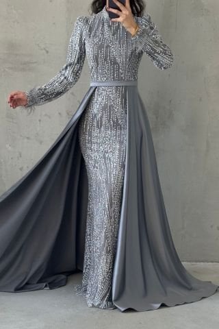 Sparkly Hijab Evening Dress with Feather Detailed Cape Gray