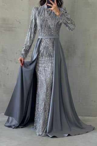 Sparkly Hijab Evening Dress with Feather Detailed Cape Gray