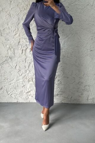 Kolu Tüylü Kalem Saten Tesettür Abiye Mor