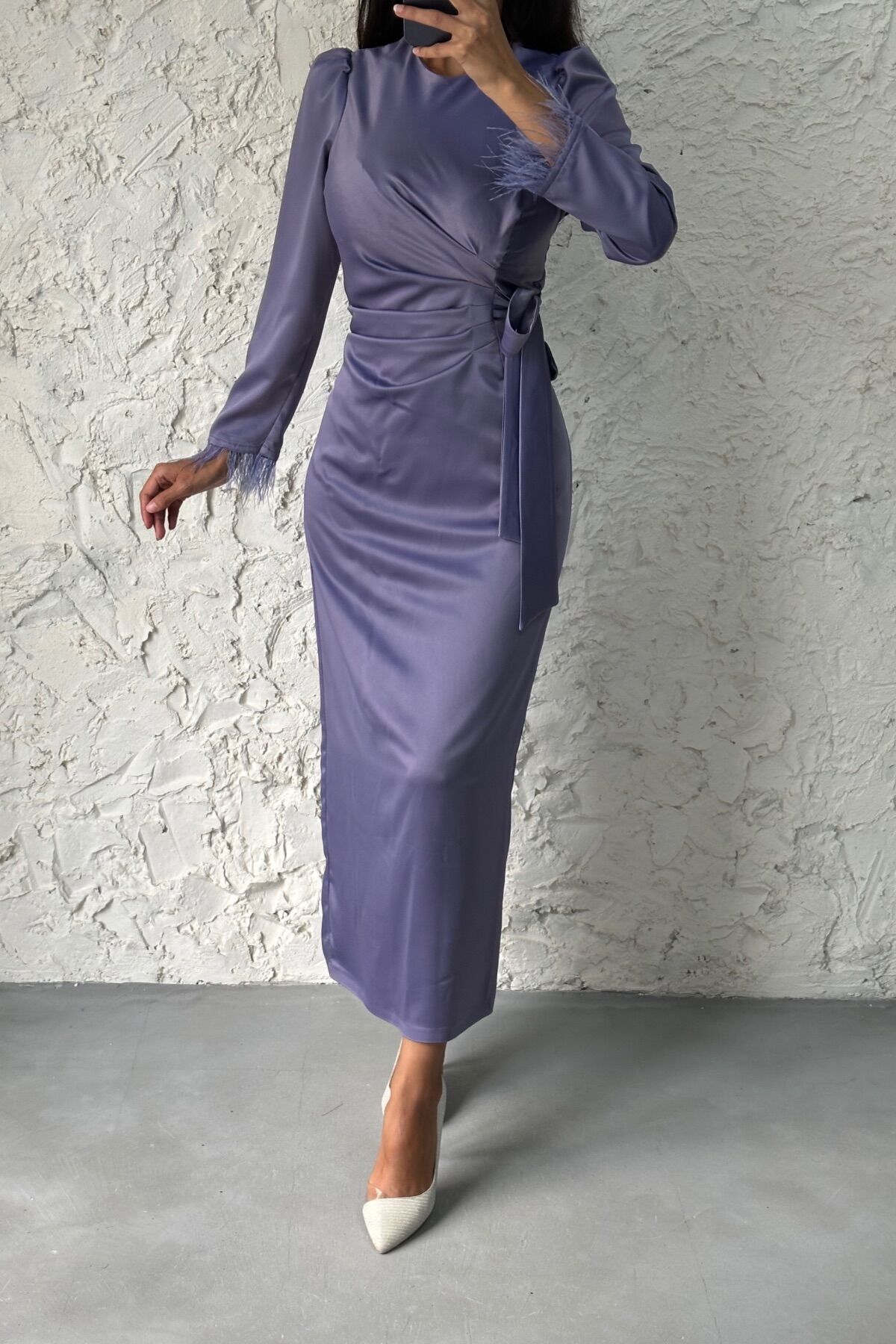 Kolu Tüylü Kalem Saten Tesettür Abiye Mor