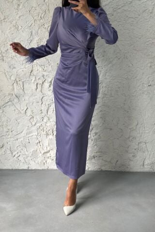 Kolu Tüylü Kalem Saten Tesettür Abiye Mor