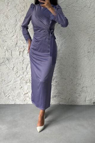 Kolu Tüylü Kalem Saten Tesettür Abiye Mor